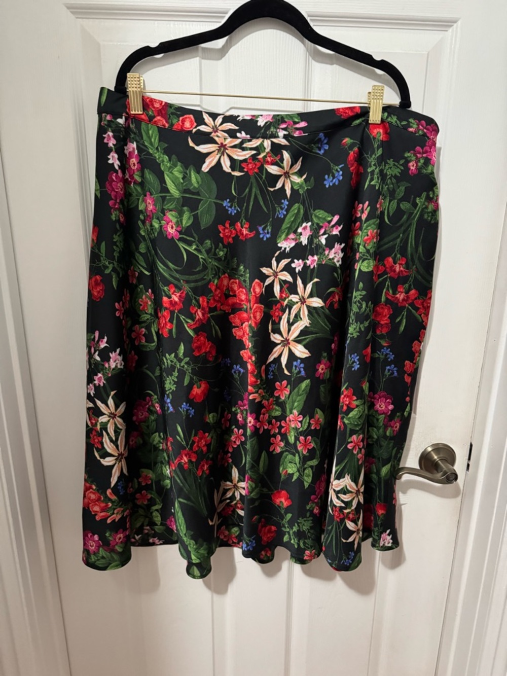 Liz Claiborne Black Floral Circle Skirt with Red & Green Accents